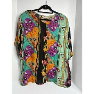 EKLOZ Women's Vintage Size Large Artsy Button Up Tunic Blouse